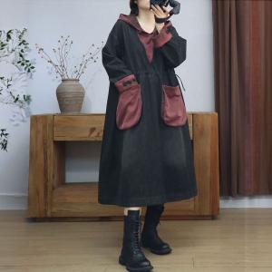 Contrast Colors High Waist Hooded Flowing Jean Dress