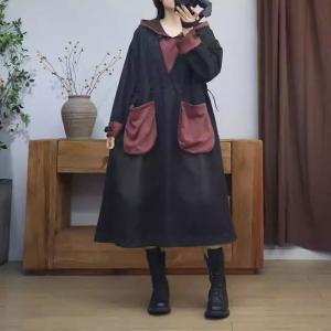 Contrast Colors High Waist Hooded Flowing Jean Dress