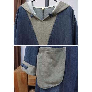 Contrast Colors High Waist Hooded Flowing Jean Dress