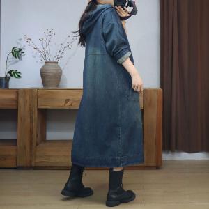 Mid-Calf Plus Size Big Pocket Denim Hooded Coat