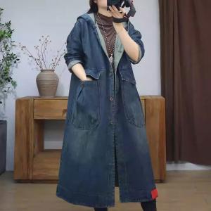 Mid-Calf Plus Size Big Pocket Denim Hooded Coat
