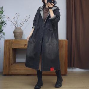 Mid-Calf Plus Size Big Pocket Denim Hooded Coat