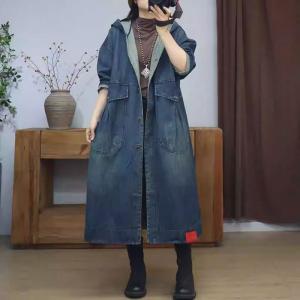 Mid-Calf Plus Size Big Pocket Denim Hooded Coat