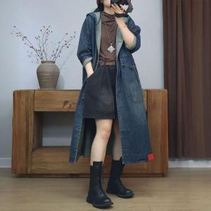 Mid-Calf Plus Size Big Pocket Denim Hooded Coat