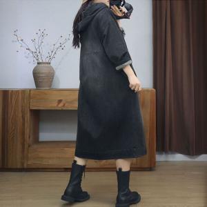 Mid-Calf Plus Size Big Pocket Denim Hooded Coat