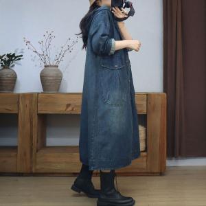 Mid-Calf Plus Size Big Pocket Denim Hooded Coat