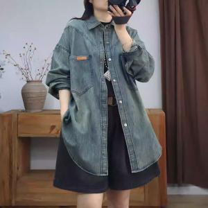 Polo Neck Casual Oversized Denim Shirt Jacket