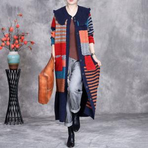 Peter Pan Collar Color Blocks Knit Sweater Cardigan