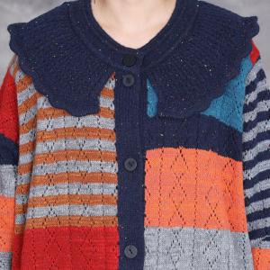 Peter Pan Collar Color Blocks Knit Sweater Cardigan