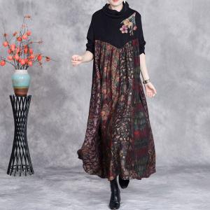 Flowers Patchwork Printed Turtleneck Dress
