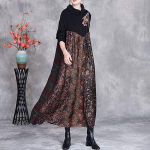 Flowers Patchwork Printed Turtleneck Dress