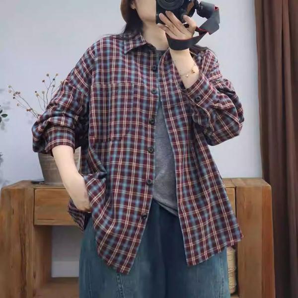 Long Sleeves Cotton Linen Plus Size Plaid Shirt