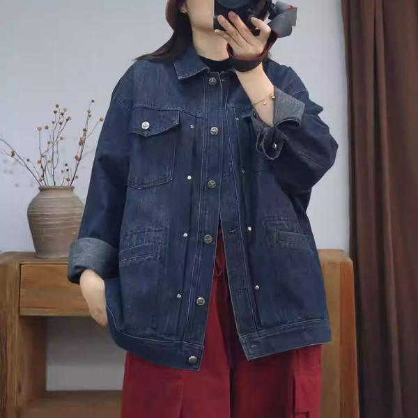 Flap Pockets Polo Neck Oversized Jean Jacket