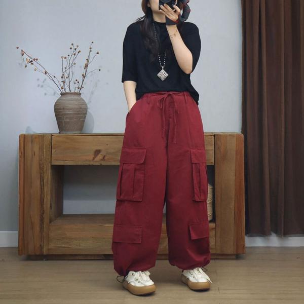 Side Pockets Drawstring Waist Cotton Wide Leg Cargo Pants