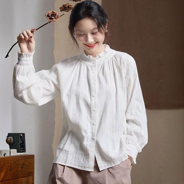Cotton Jacquard Ruffled Collar White Peasant Blouse