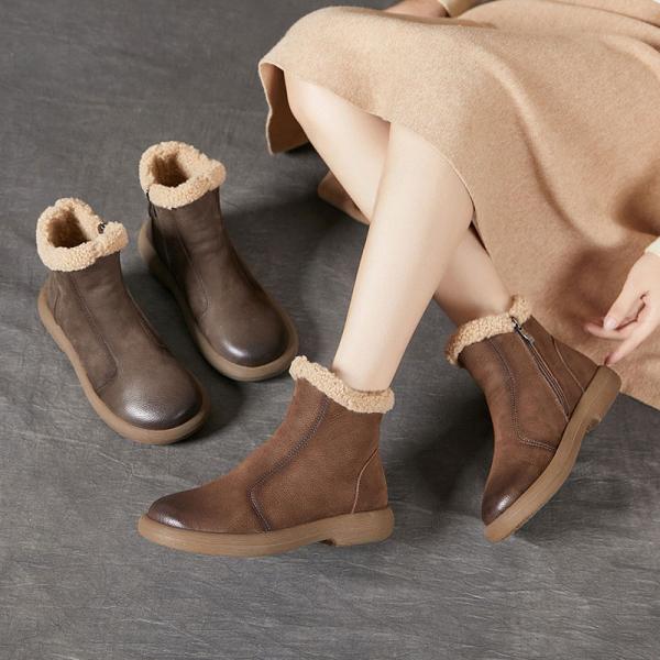 Lamb Wool Lining Leather Winter Ankle Boots