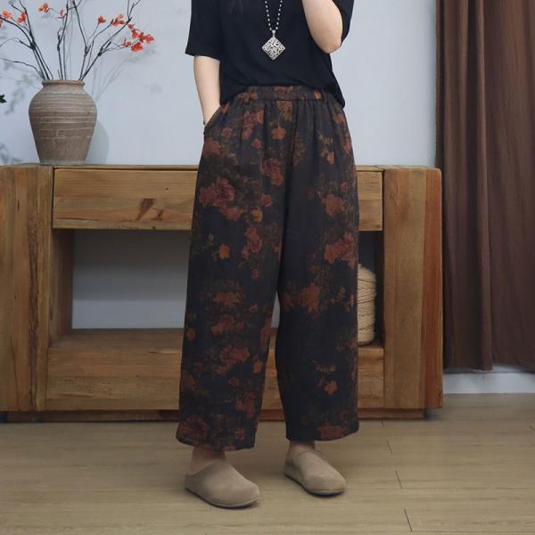 Peony Patterns Dark Coffee Cotton Linen Pants