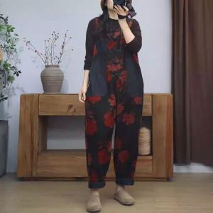 Red Flowers Sleeveless Corduroy Jumpsuits