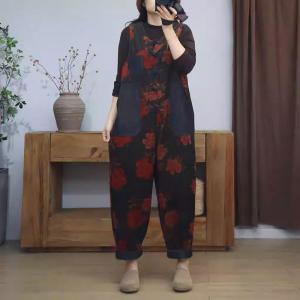 Red Flowers Sleeveless Corduroy Jumpsuits