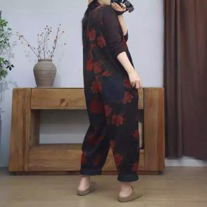 Red Flowers Sleeveless Corduroy Jumpsuits