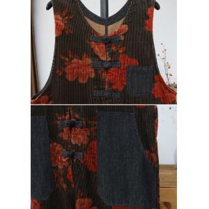 Red Flowers Sleeveless Corduroy Jumpsuits