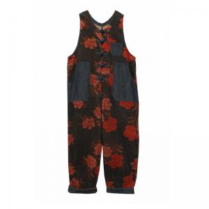 Red Flowers Sleeveless Corduroy Jumpsuits