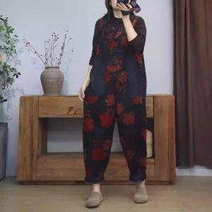 Red Flowers Sleeveless Corduroy Jumpsuits