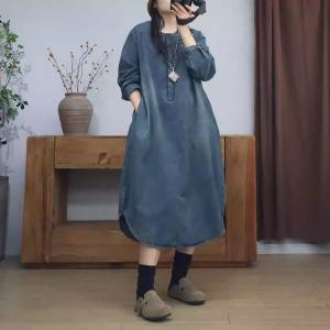 Mid-Calf Long Sleeves Loose Jean Shirt Dress