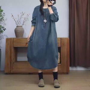 Mid-Calf Long Sleeves Loose Jean Shirt Dress
