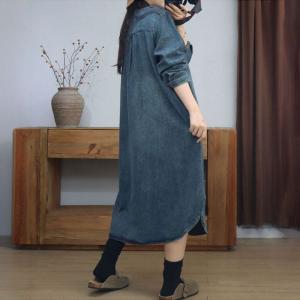 Mid-Calf Long Sleeves Loose Jean Shirt Dress