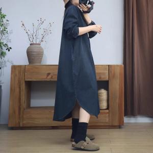 Mid-Calf Long Sleeves Loose Jean Shirt Dress