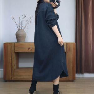 Mid-Calf Long Sleeves Loose Jean Shirt Dress