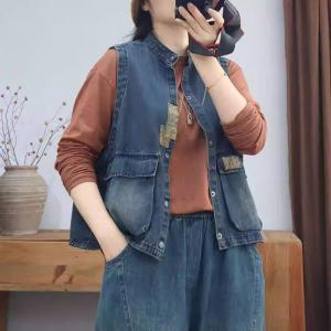 Flap Pocket Patchwork Denim Waistcoat