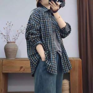 Long Sleeves Cotton Linen Plus Size Plaid Shirt