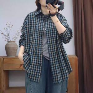 Long Sleeves Cotton Linen Plus Size Plaid Shirt