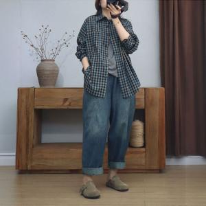 Long Sleeves Cotton Linen Plus Size Plaid Shirt
