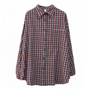 Long Sleeves Cotton Linen Plus Size Plaid Shirt