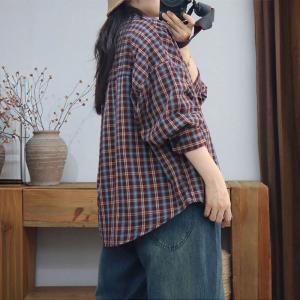Long Sleeves Cotton Linen Plus Size Plaid Shirt