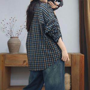 Long Sleeves Cotton Linen Plus Size Plaid Shirt