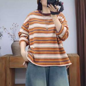 Colorful Striped Long Sleeves Cotton Casual Sweatshirt