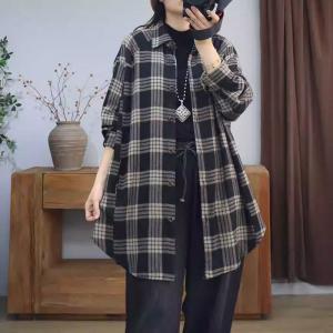 Polo Neck Puff Sleeves Midi Gingham Shacket