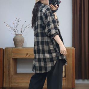 Polo Neck Puff Sleeves Midi Gingham Shacket