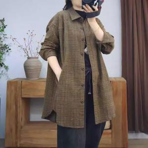 Polo Neck Puff Sleeves Midi Gingham Shacket