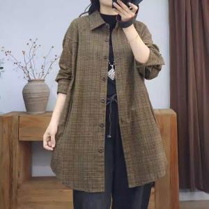 Polo Neck Puff Sleeves Midi Gingham Shacket
