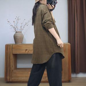 Polo Neck Puff Sleeves Midi Gingham Shacket