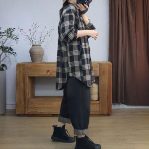 Polo Neck Puff Sleeves Midi Gingham Shacket