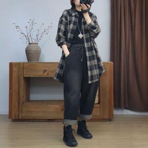 Polo Neck Puff Sleeves Midi Gingham Shacket