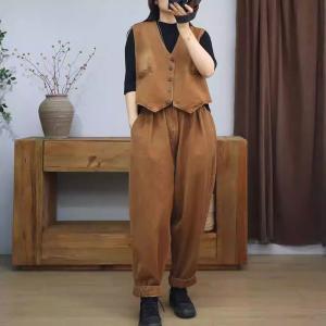 V-Neck Short Waistcoat with Corduroy Pants Sets