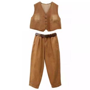 V-Neck Short Waistcoat with Corduroy Pants Sets
