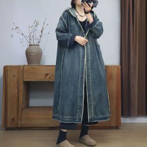 Button Down Fringed Hem Denim Hooded Coat